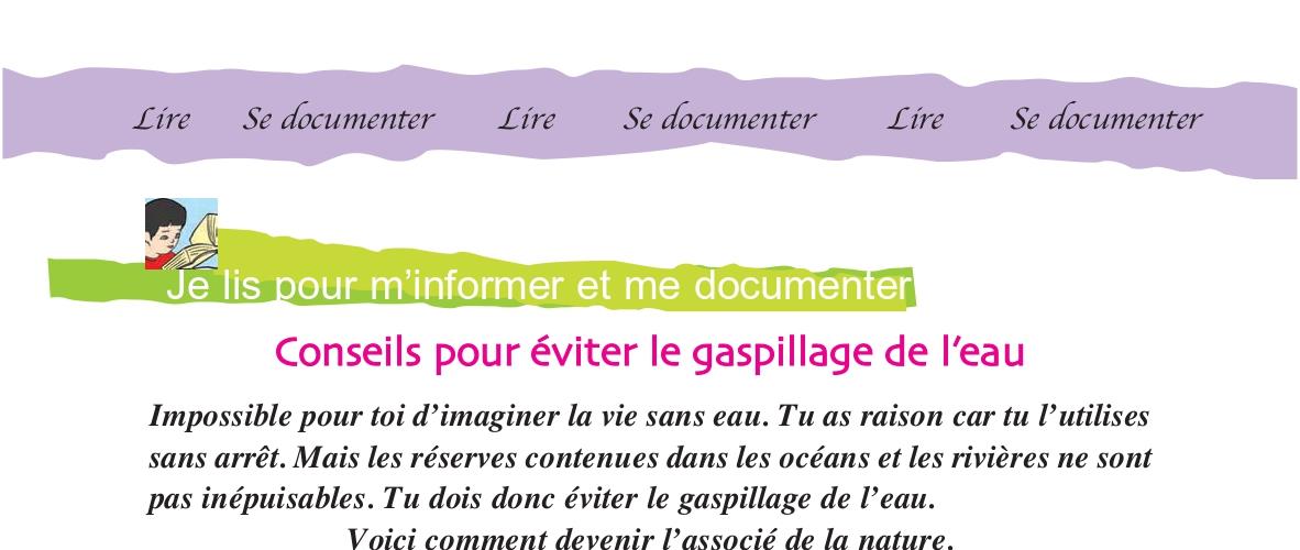 Cahier, page 83 : « Je lis pour m'informer et me documenter — Conseils pour éviter le gaspillage de l'eau »